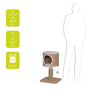 naturel kleurige kattenpaal met huisje en speelbal en specificaties