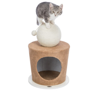 kattenhuis met witte bol erop en daarop een kat