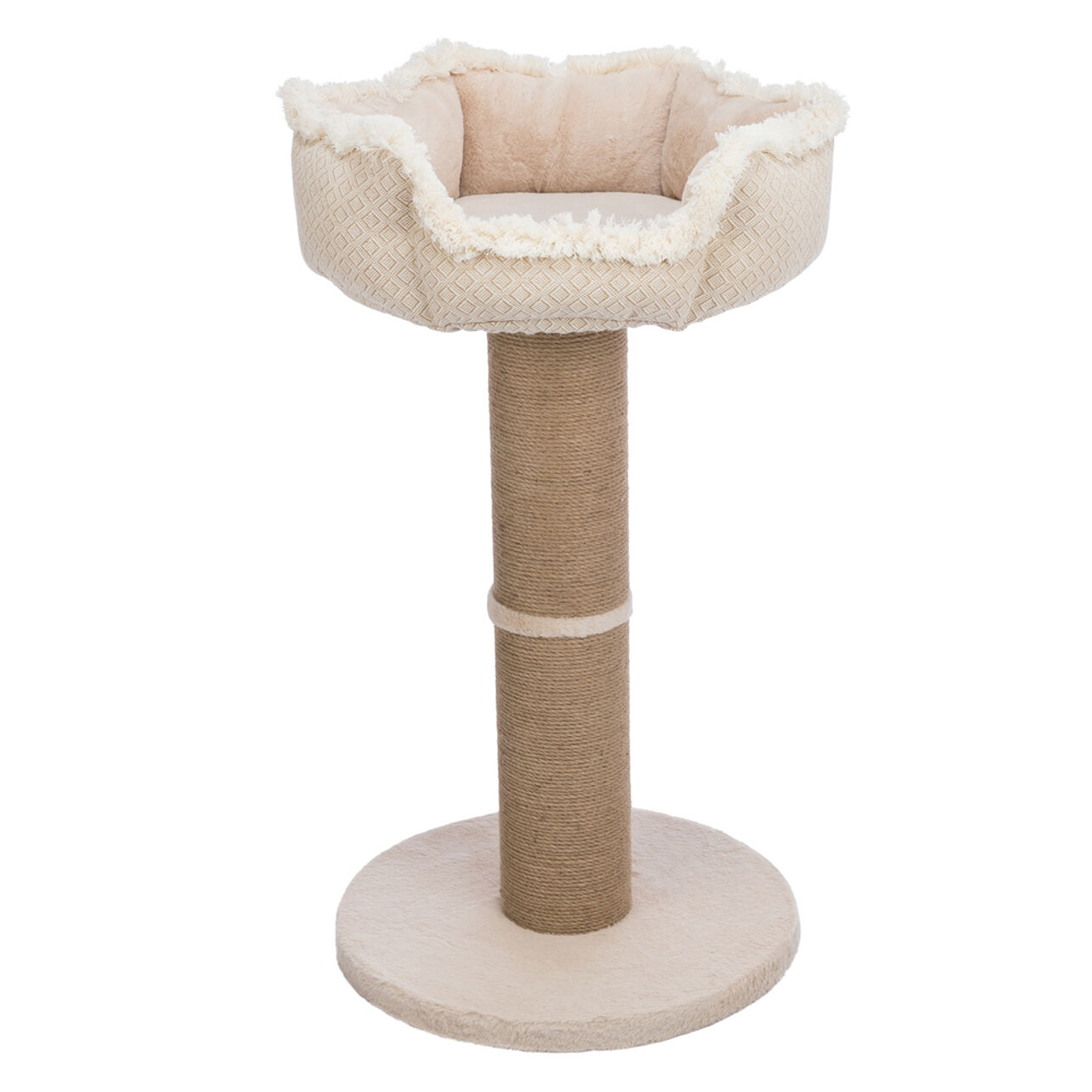 beige krabpaal met boho kattenmand erop