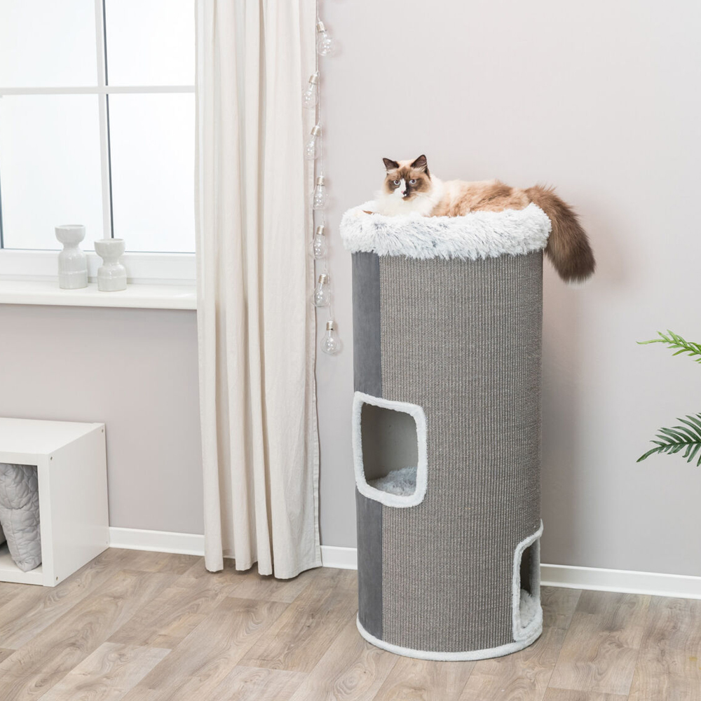 kat ligt op grijze krabton met langharig pluche en sisaltapijt die in de woonkamer staat