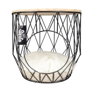 metalen kattenhuis met houten deksel die ook als bijzettafel kan fungeren